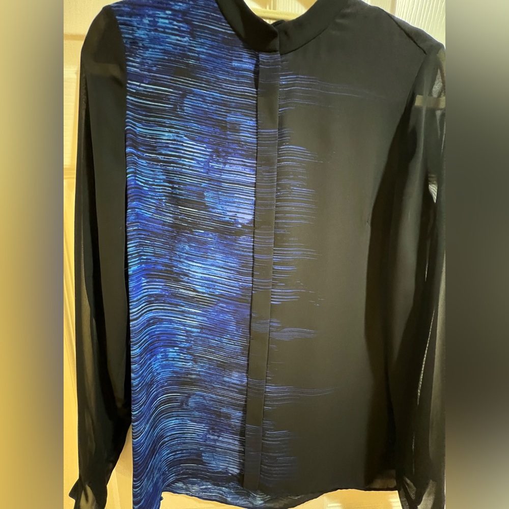 T Tahari Black  and Blue Blouse with Sheer Sleeves